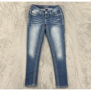 Amethyst Jeans Juniors 5 Skinny Contrast Thick Stitch Whiskered Bling Y2K Blue